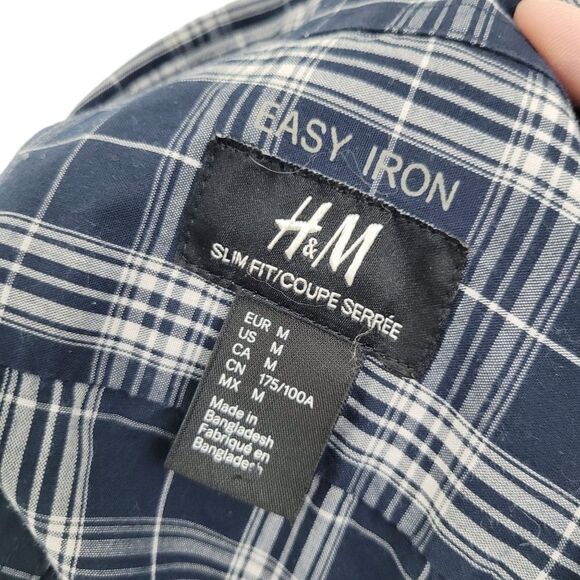 2/$20 H&M Navy Blue & White Plaid Pattern Buttons Down Shirt Slim Fit Size: M - Picture 10 of 12